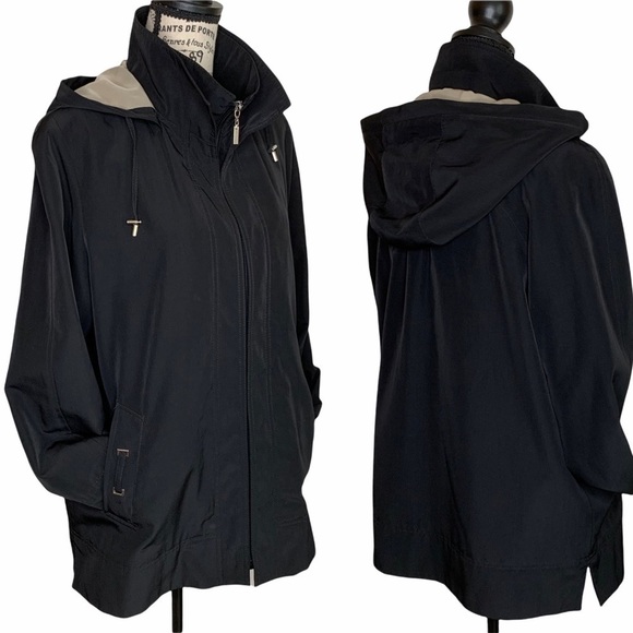 Gallery Hooded Trench Coat Size LP Black Long Zip Rain Resistant Detachable Hood - Picture 7 of 13